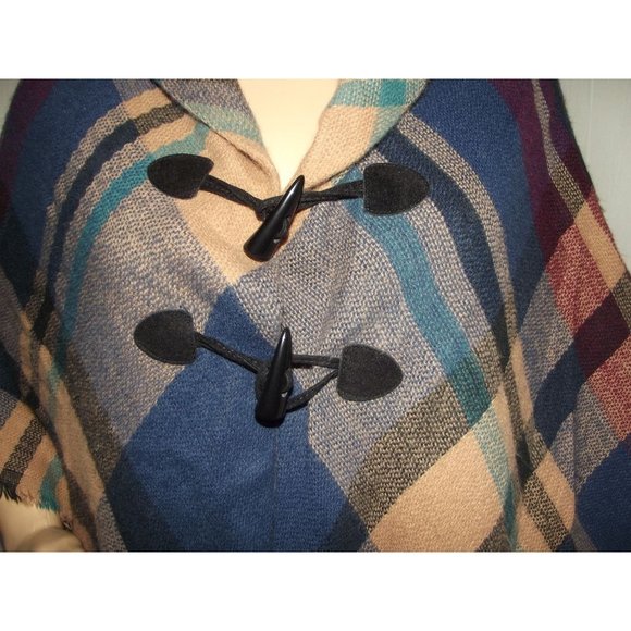 Blanket Poncho One Size OS Autumn Fall Plaid Poncho soft toggle wrap blue camel - Picture 3 of 9